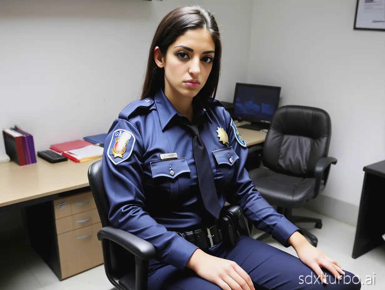 A Spanish-origin female police officer named ginebra bellucci, 23 years old, sitting on an office chair