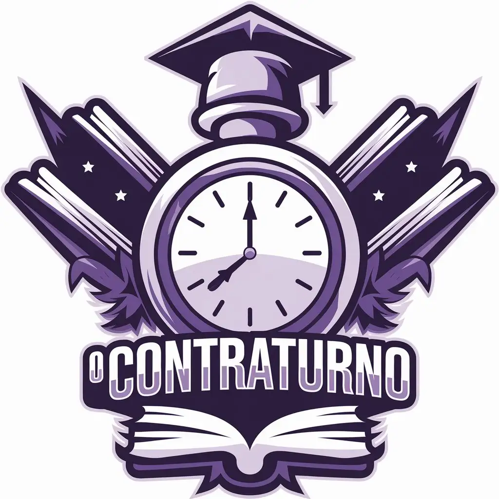 LOGO Design for O Contraturno Purple Clock Books Symbol for Education Industry