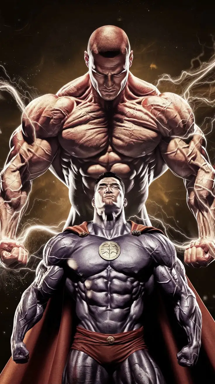 Powerfully muscled, hugely ripped, pumped, Tibetan bodybuilder musclegod reverently receives chi powers, becomes a mighty superhero. 24 years old. Photorealistic.