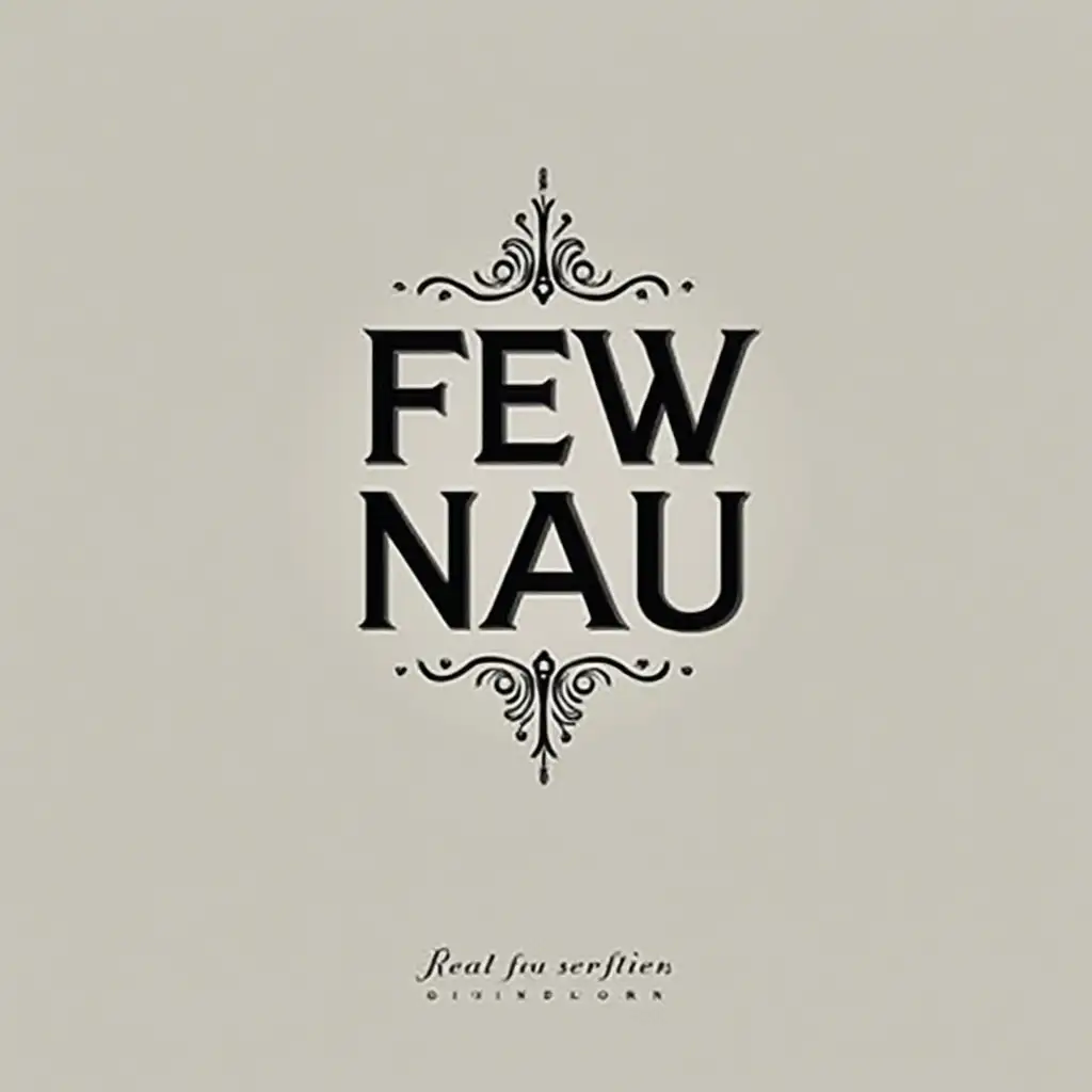 Create a stunning, highly professional logo featuring the words 'FEW NAU.' The design should embody sophistication, modernity, and expert craftsmanship, making it visually captivating and timeless. Utilize a sleek, minimalistic yet powerful aesthetic with a premium color palette that conveys luxury and innovation. The typography should be bold yet refined, striking the perfect balance between elegance and impact. Subtle design elements or abstract symbols can be integrated to enhance brand identity while maintaining a clean and prestigious look. The final result should be visually compelling, memorable, and exude excellence at first glance.