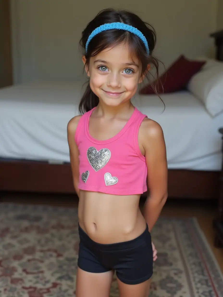 Slender-Girl-in-Pink-Tank-Top-and-Black-Yoga-Shorts-Posing-on-Rug