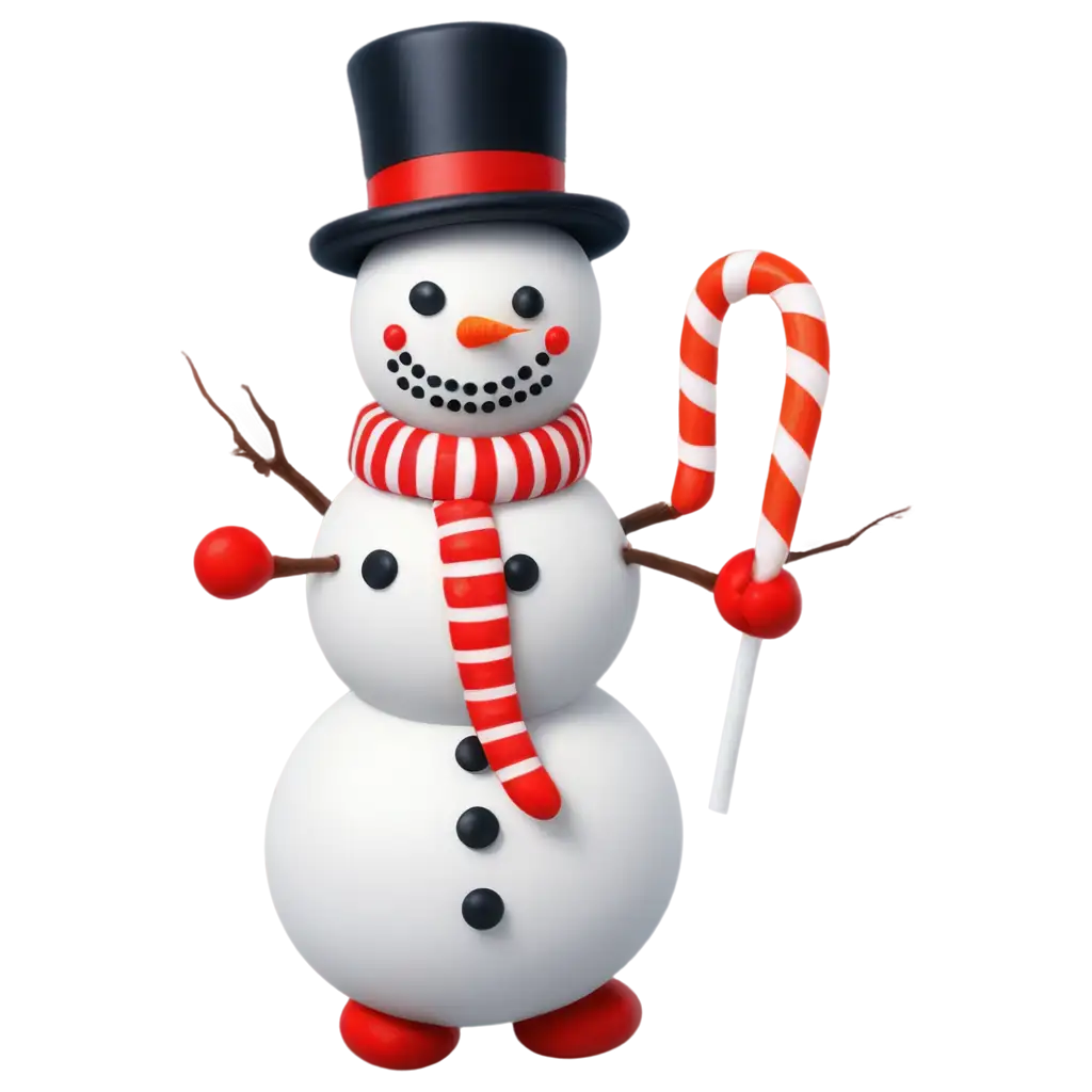 A festive snowman with a top hat and a carrot nose, holding a candy cane.