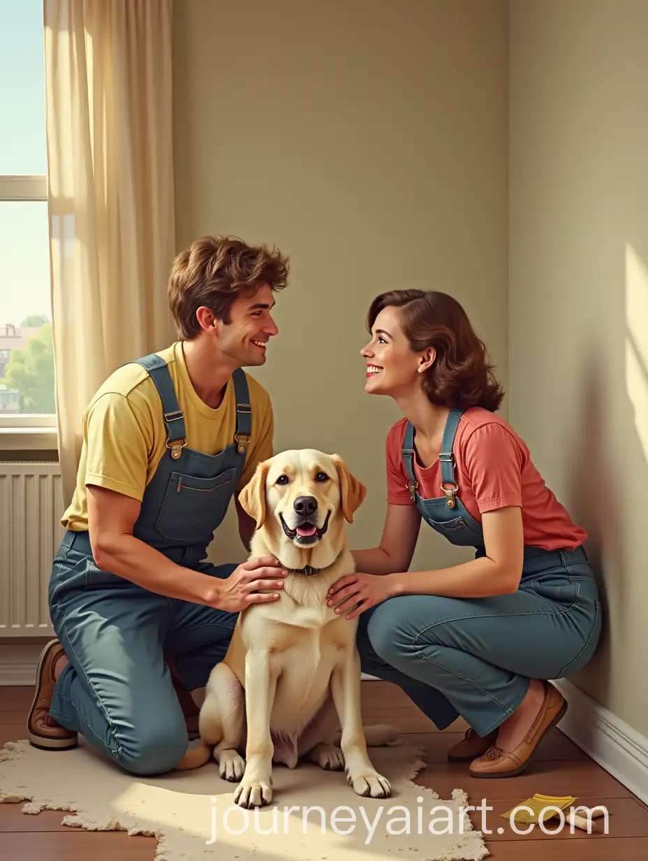 Young-Couple-Doing-Apartment-Repairs-with-Labrador-Holding-Brush