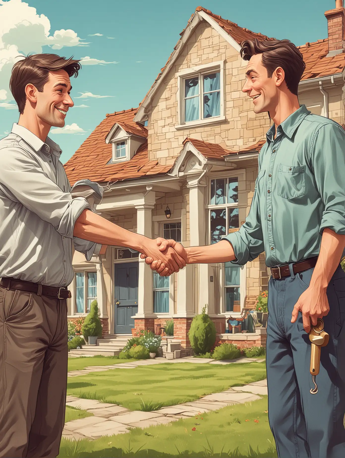 Two men trade tools and shake hands, with a nice house in the background, cartoon style