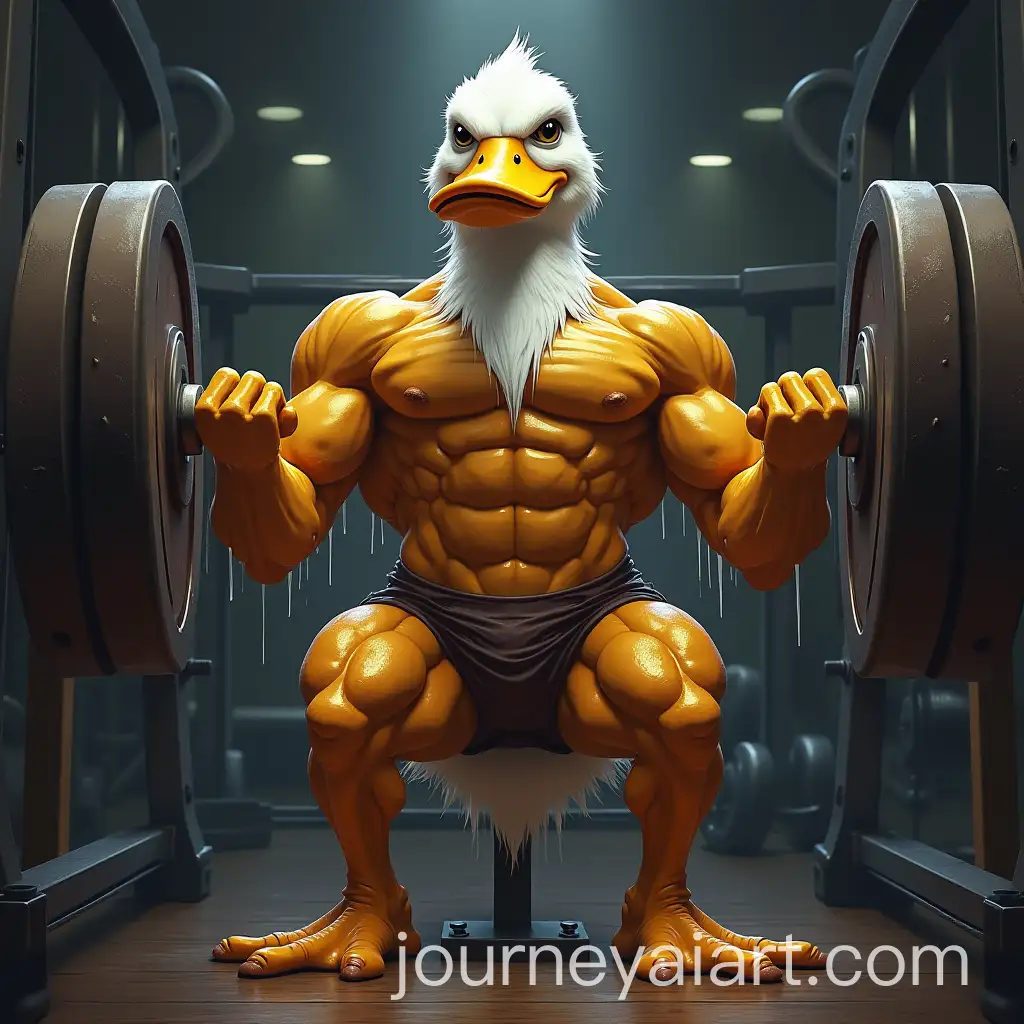 Muscular-Anthropomorphic-Duck-Performing-Intense-Bench-Press-in-Gym