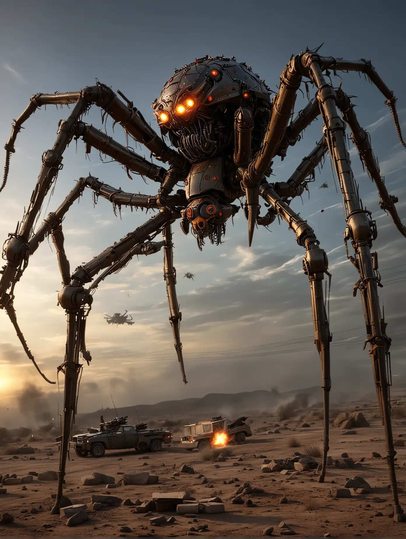 Armored-SpiderHybrid-Armed-with-AntiAircraft-Guns-on-a-Nighttime-Battlefield