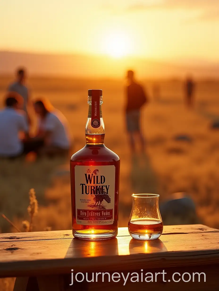 Wild-Turkey-Whiskey-Bottle-with-Glass-at-Sunset-on-Rustic-Wooden-Table