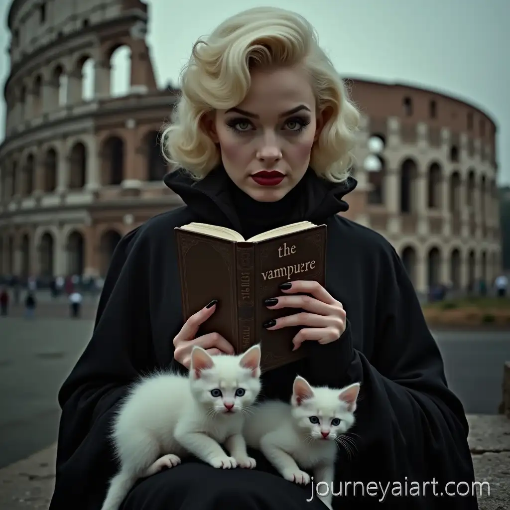 Vampire-Woman-with-Marilyn-Monroe-Features-Holding-a-Book-in-Front-of-White-Kittens-at-the-Colosseum
