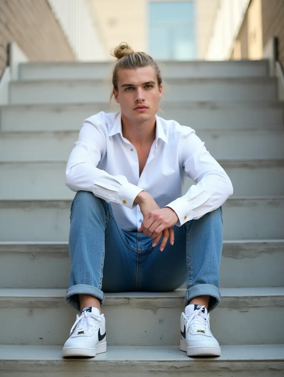 Young-Man-in-Casual-Attire-Relaxing-on-Stairs