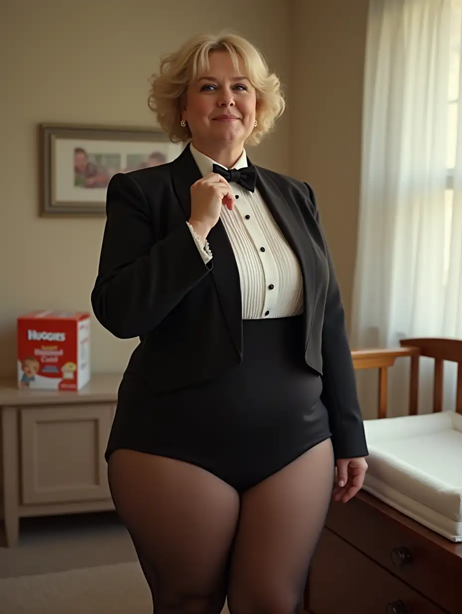 ((photo realistic)), sweet smiling middle-aged larger plump full-figured body type with large wide hips (Caucasian female woman), with short blonde curly 1980s hair with curly bangs, wearing a very formal orchestra concert tuxedo with black long sleeve high cut cropped Eton jacket, (white tuxedo shirt, with wingtip collar, and many thick vertical pleats front), (black diamond point bow tie with black adjustable neckband), black cummerbund, (black tight high cut brief), (fishnets)), high heels, (looking at viewer while tugging on bow tie), (standing next to a changing table in a nursery with a large white and red box of Huggies THICK diapers), (full body side view)