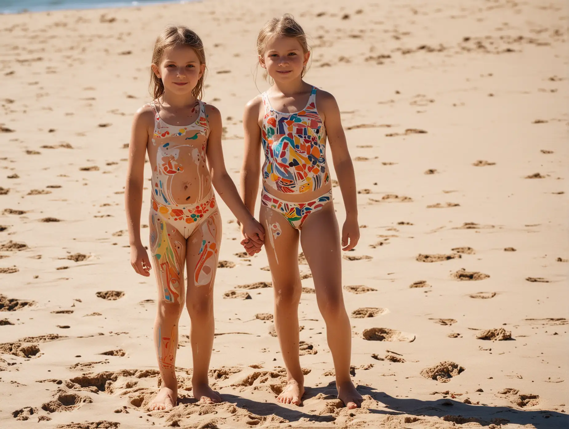 8YearOld-Boy-and-girl-with-colourful-light-beige-bodies paint-patterns-beach-standing-full-body-noon-day-sunny