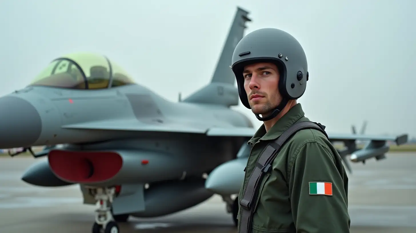 Irish Pilot in Flight Gear Beside F16 Fighter Jet at Modern Air Base