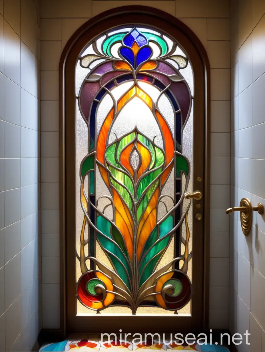 Colorful Makhi Style Stained Glass Window on Bathroom Door