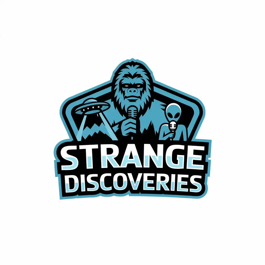 LOGO Design for Strange Discoveries Bigfoot UFO and Alien with Microphone Symbolism