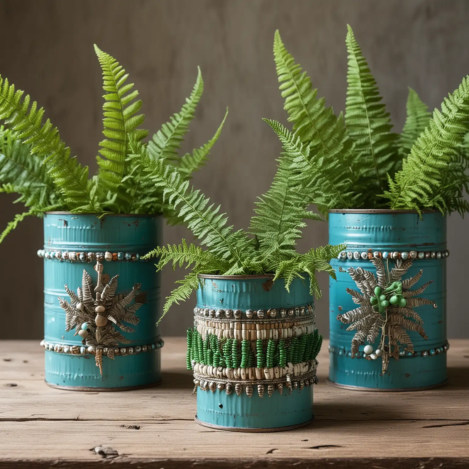 boho bold turquoise tin can vases decorated with boho bead accents holding green ferns; keep background neutral