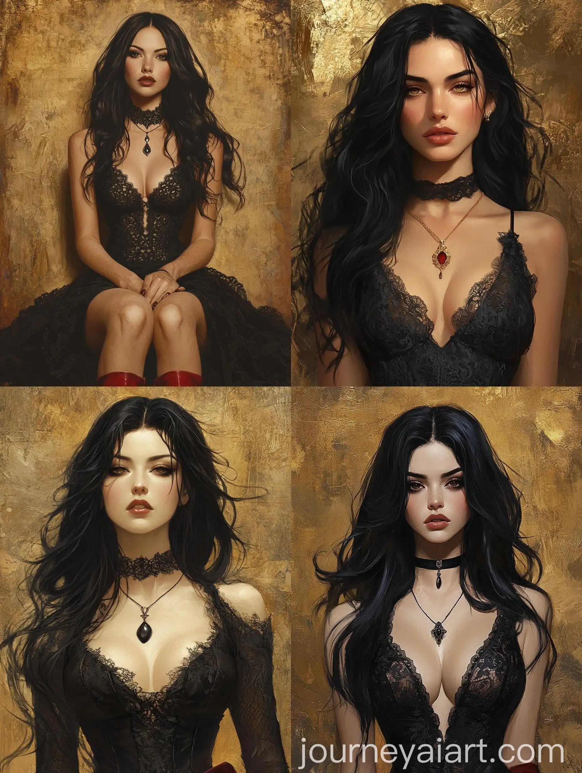 Confident-Woman-in-Black-Lace-Dress-on-Textured-Gold-Background