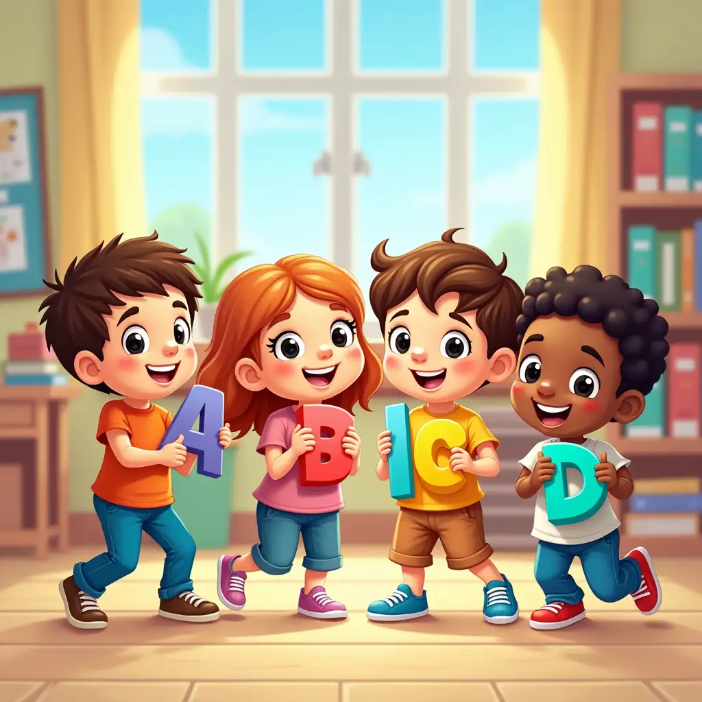 Create a vibrant and cheerful illustration for a children's clip, with a colorful and fun cartoon style. The scene should show a diverse group of happy and lively children, aged between 2 and 5, in a lively school environment. At the center of the image, the children are holding large colorful letters (A, B, C, D) and numbers (1, 2, 3, 4), while playing and learning together. In the background, there is a classroom filled with books and boards featuring educational drawings. The atmosphere is one of discovery and excitement, with bright colors and a blue sky visible through the window