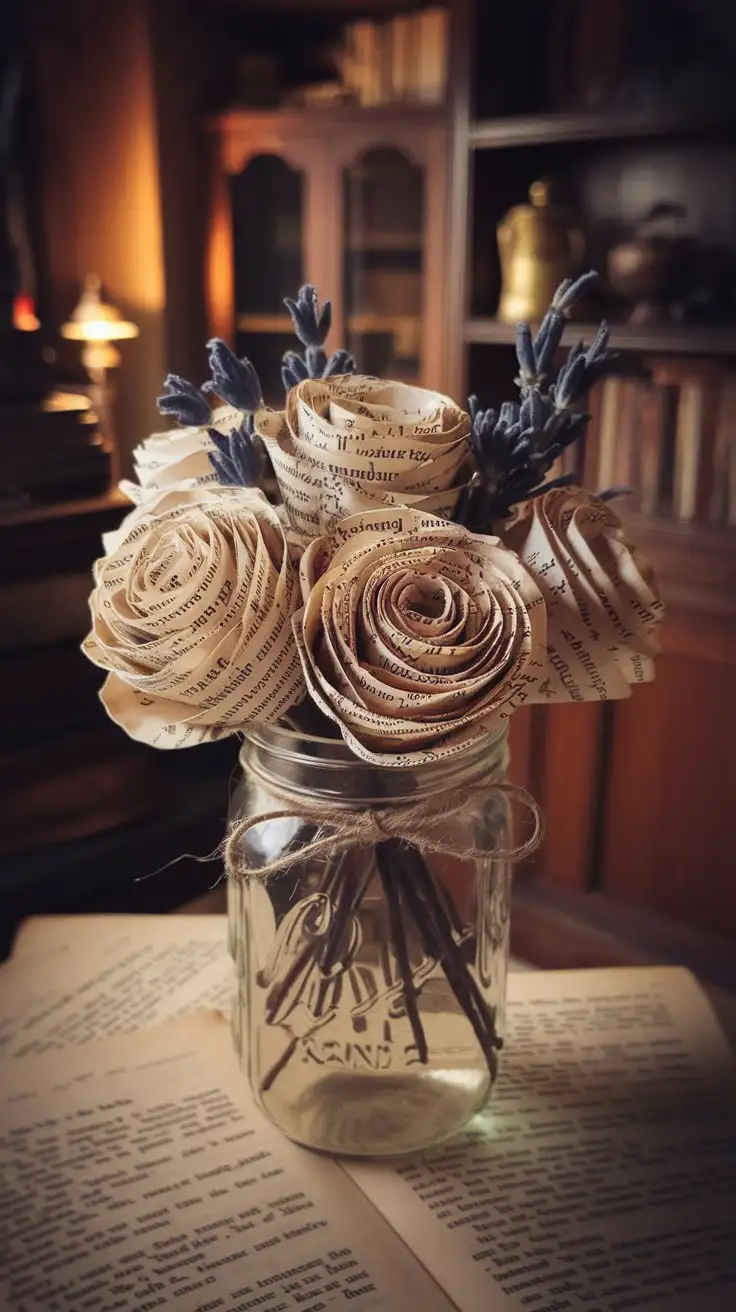 Vintage-Book-Page-Rose-Bouquet-in-Mason-Jar-with-Dried-Lavender-in-Cozy-Study-Setting