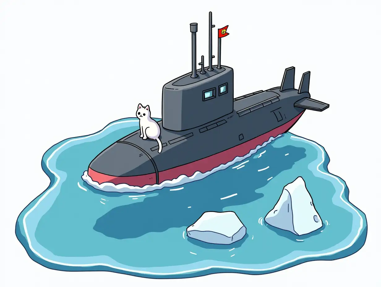 a huge nuclear submarine floating out of the ocean with icebergs, there are small white cat on the ship In the captain's tunic,  Sticker design - top view, high resolution, vector graphics, white background, anime-style coloring.