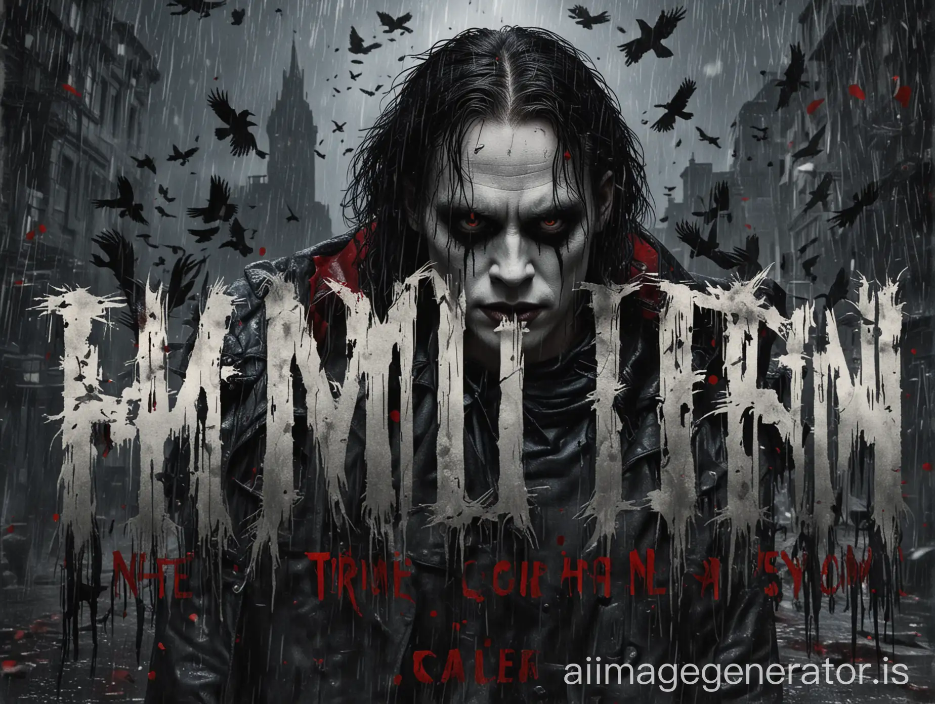 Create a YouTube thumbnail for 'The Crow' featuring Bill Skarsgård. Use a dark, moody color palette (black, gray, red). Show Bill Skarsgård as Eric Draven with iconic face paint, highlighting his intense eyes. Use a gothic cityscape background with a hint of rain. Add the movie title 'The Crow' in bold, white, grunge-textured letters, ensuring it stands out. Optionally, include a crow silhouette or feather for added thematic detail.