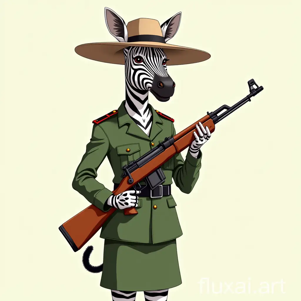 zebra in south african military uniform, antropomorph, panama hat, green skirt, armed with SVD.  Anime Style