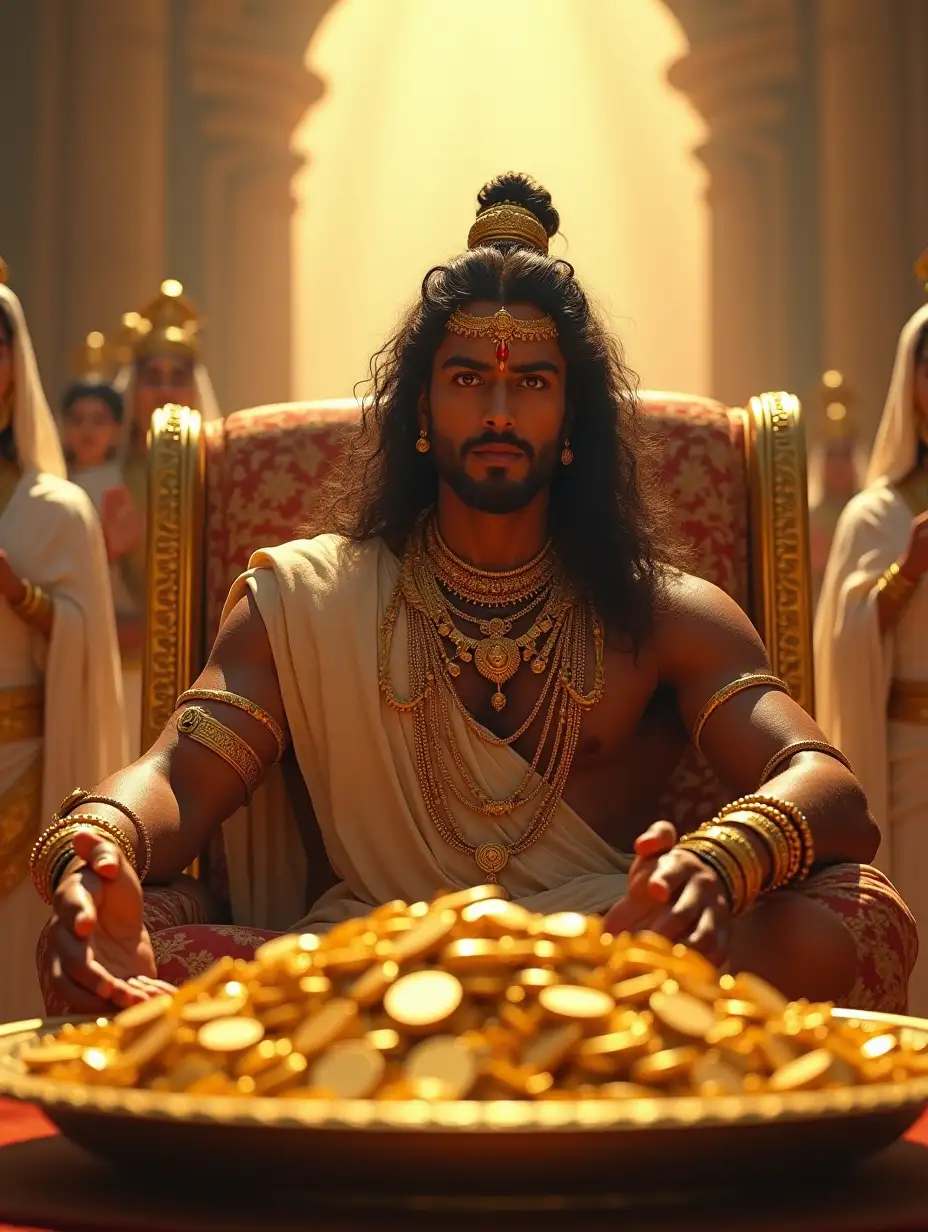 Karna-from-Mahabharata-Sitting-on-Throne-in-Heaven-Holding-Golden-Coins-and-Ornaments