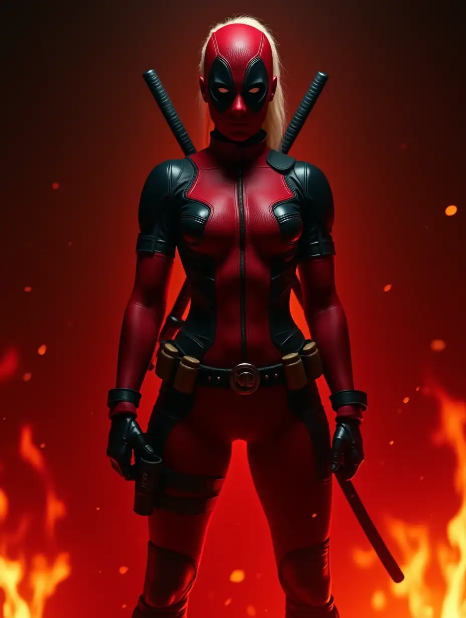 A powerful female superhero inspired by Deadpool, wearing a red and black tactical suit, standing confidently with katanas on her back, amidst glowing embers. The scene is lit with intense red backlighting, creating dramatic shadows and highlights. The background is dark, enhancing the glowing effects, cinematic style, high contrast, detailed textures, sharp focus, moody atmosphere, hd quality, natural look