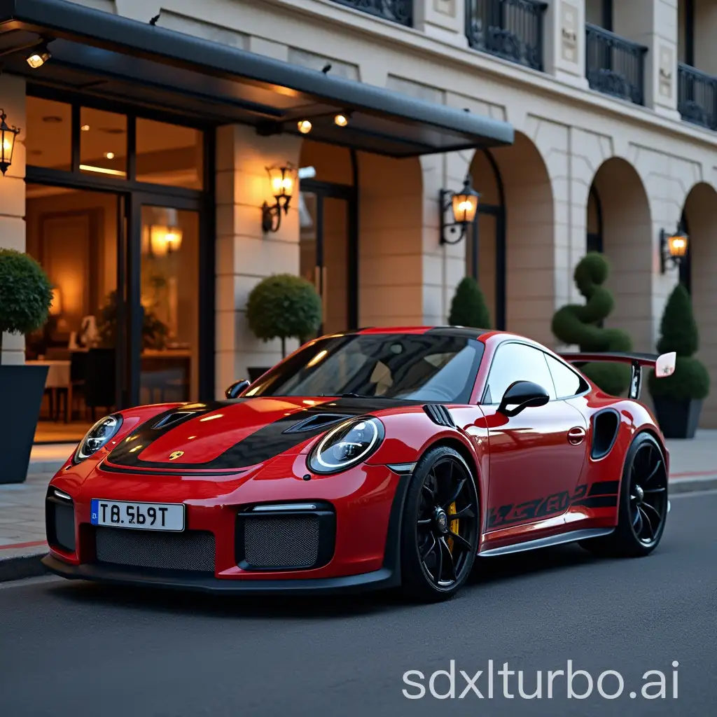 Porsche gt3 rs in front of luxury hotel