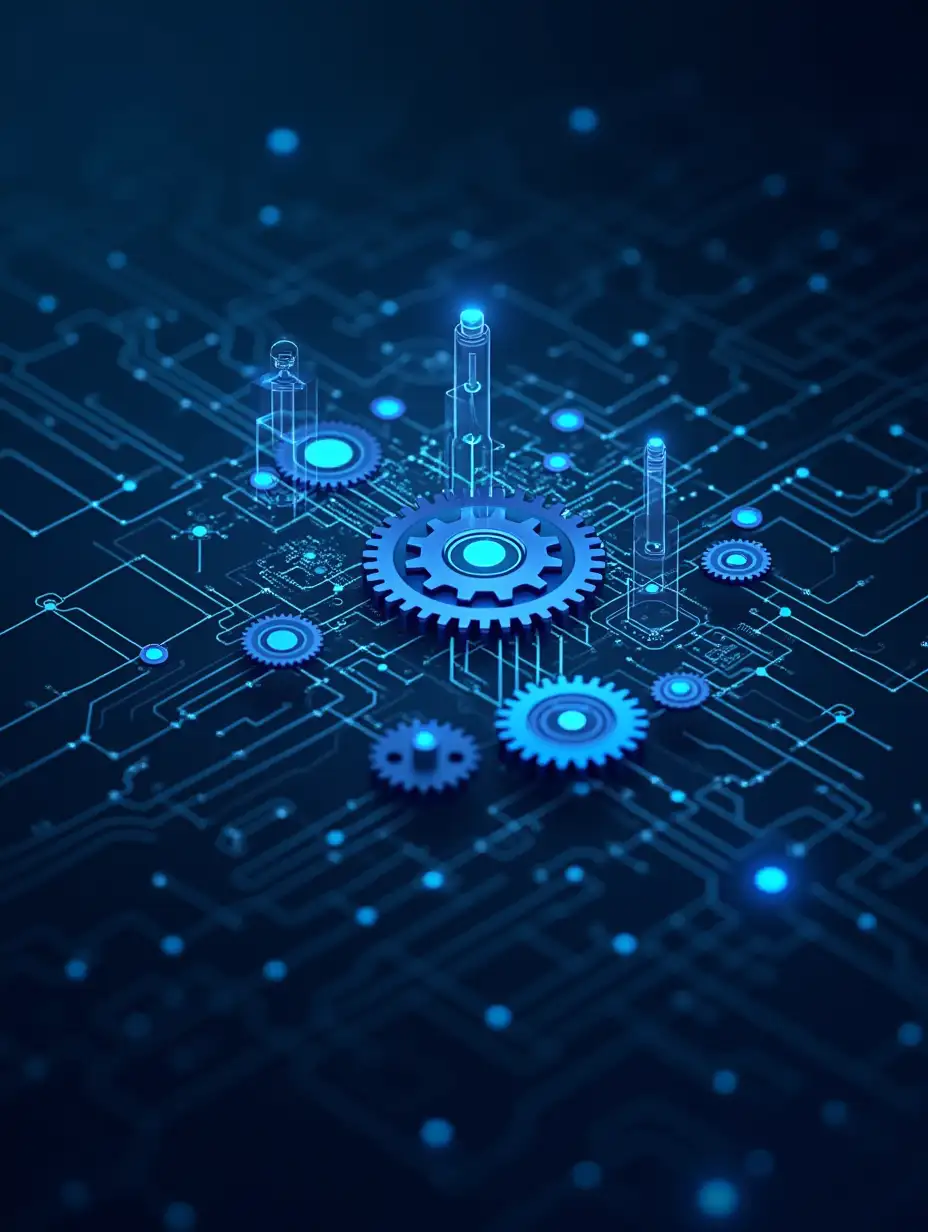 Technical illustration of interconnected gears and circuit patterns forming a cohesive system, with flowing lines of code visible within the structures, using deep blues and modern tech colors, professional corporate style, showing software components fitting together like puzzle pieces, clean lines and geometric patterns, emphasizing integration and customization