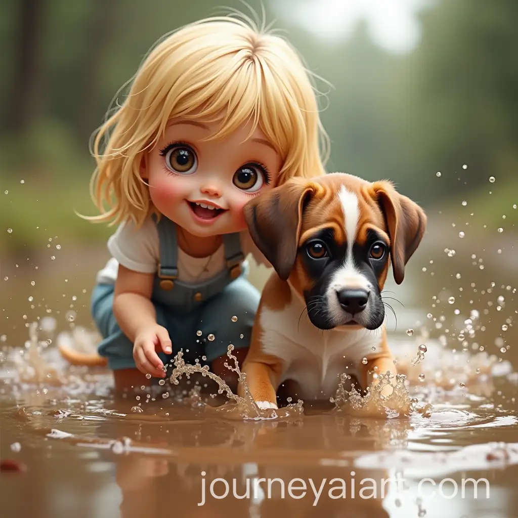 Toddler-with-Boxer-Puppy-Splashing-in-Mud-Puddle