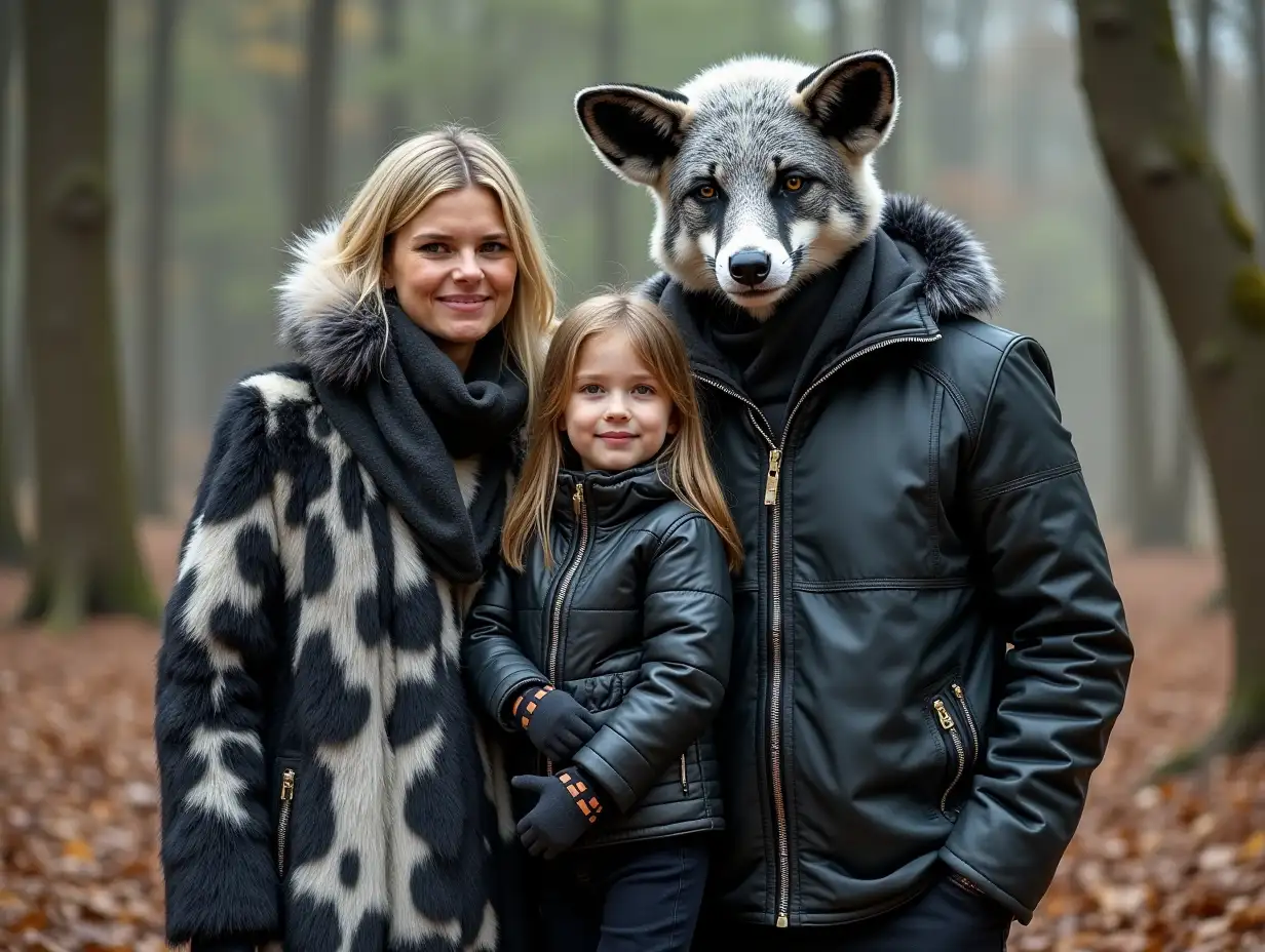 Ki-Fantasy Family,Man,Woman, and Children, giant Ki Fantasy Family, Man, Woman, and Children, with ears and giant Fox Face with and black- and white Leather coat, Cow pattern in 4kface with and with