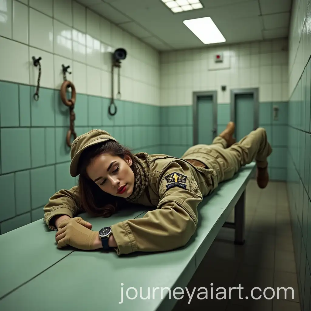 Military-Woman-in-Camouflage-Relaxing-on-a-Gynecological-Table-in-a-Prison-Cell-Bunker