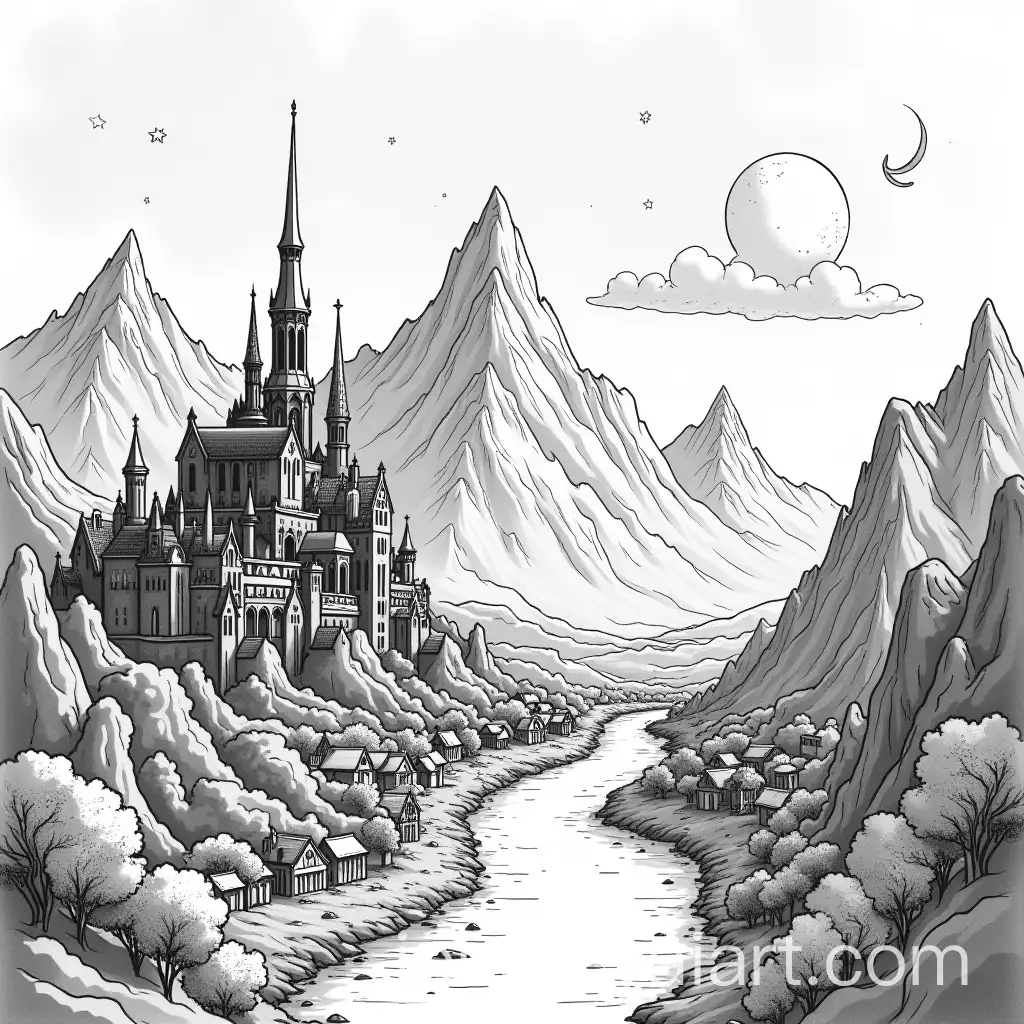 Gothic-Fantasy-City-by-a-Winding-River-in-a-Black-and-White-Comic-Style