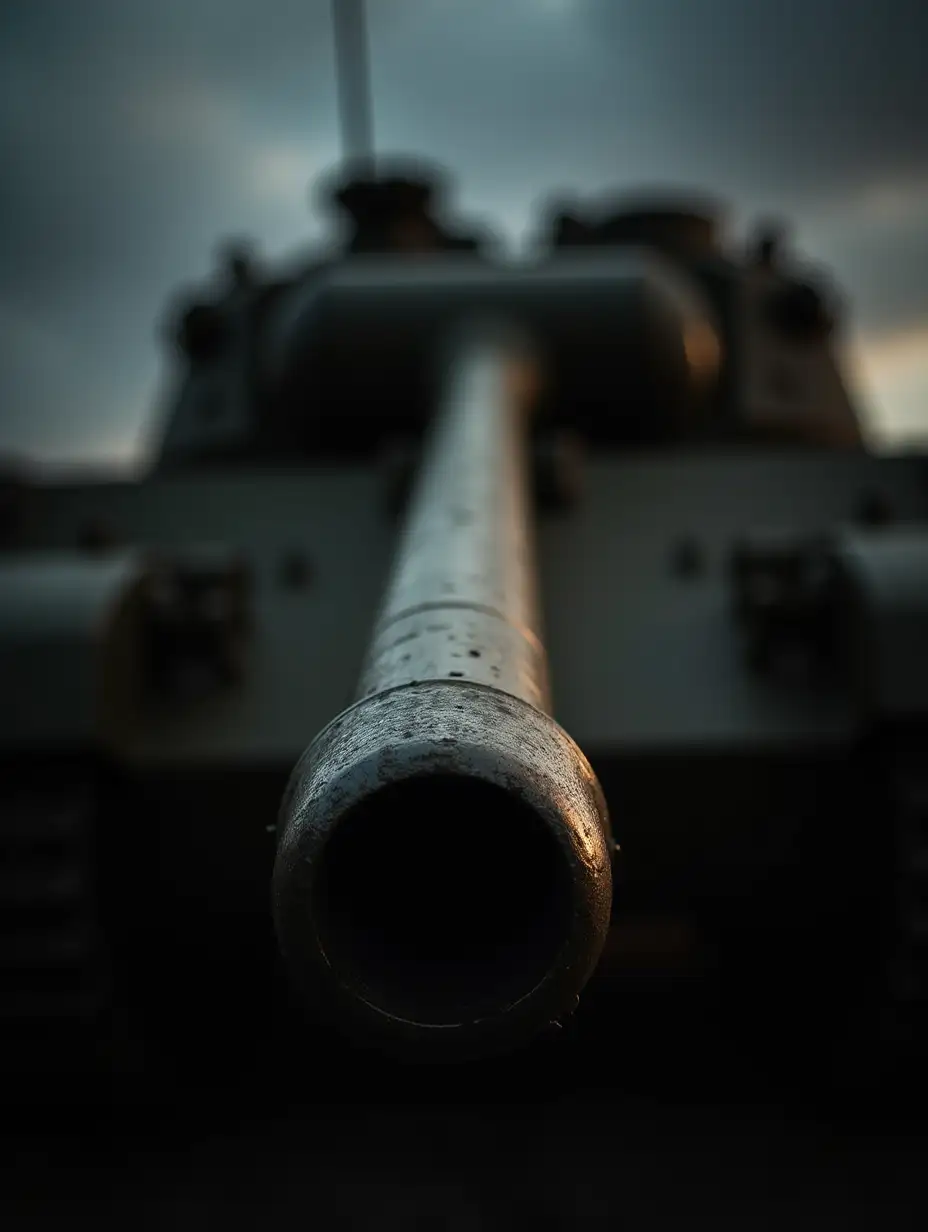 a striking image featuring a close-up shot of a tank barrel, with the barrel itself in sharp focus while the rest of the tank is slightly blurred in the background. The composition should emphasize the length and detailing of the barrel, showcasing textures like scratches and wear that speak to its history. The lighting should be dramatic, with highlights accentuating the metallic sheen of the barrel and shadows adding depth to the scene. The blurred background should provide context, hinting at the tank's robust structure and military environment, but without distracting from the primary focus on the barrel. The overall mood should convey power and readiness, capturing the essence of military machinery.