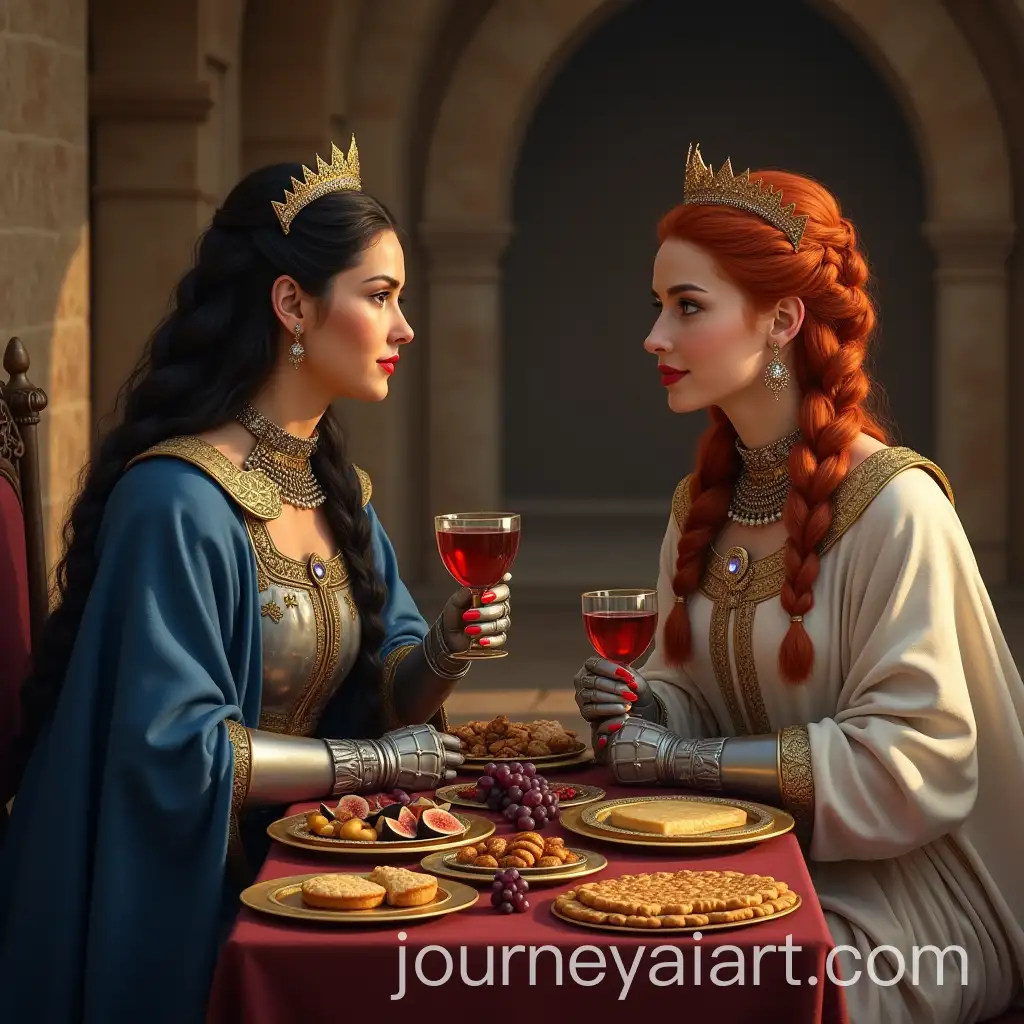 Two-Beautiful-Female-Knights-Enjoying-Wine-in-a-Medieval-Tent