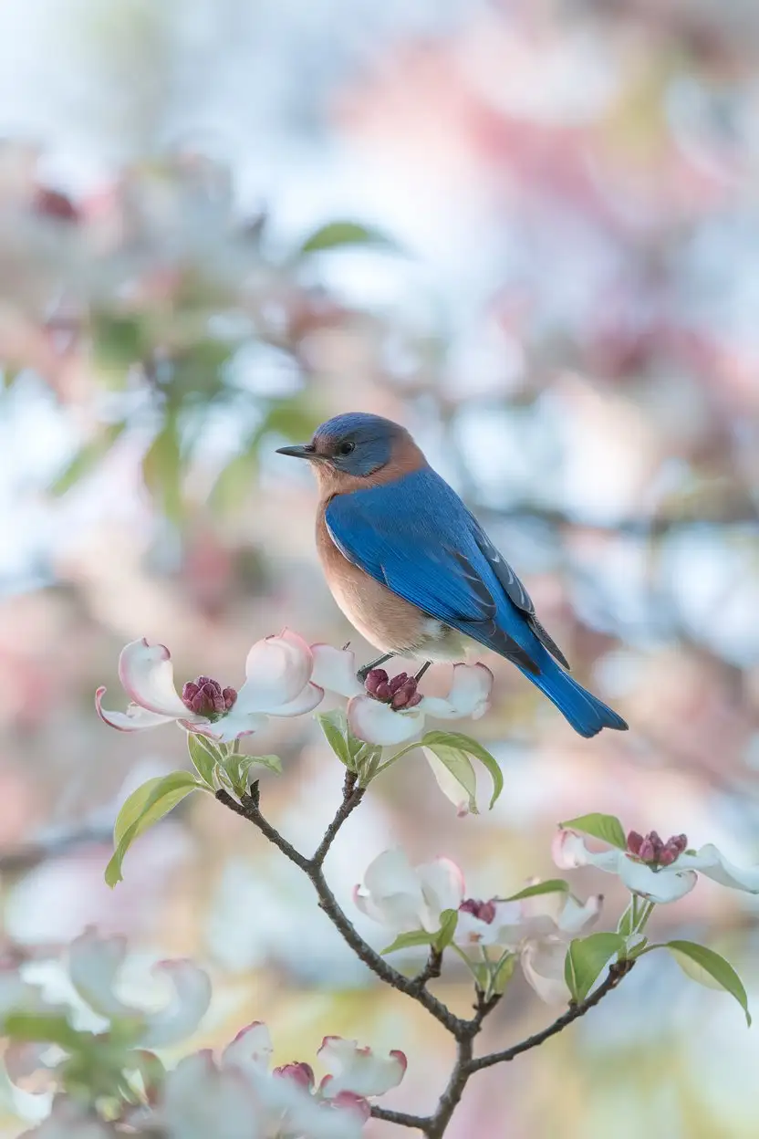 A single male Eastern Bluebird perched on a blossoming dogwood branch in early spring. The background should be softly blurred with pastel hues of pink, white, and light green, suggesting a vibrant but gentle spring morning. The bluebird should be in sharp focus, showcasing its vivid blue back and wings, and its warm rusty breast. Capture the delicate texture of the dogwood blossoms and the soft sunlight filtering through the leaves.