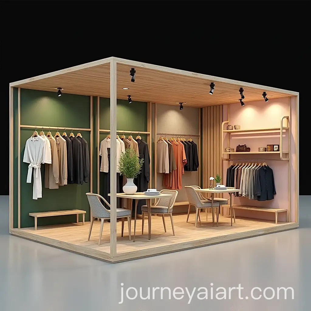 Modern-Iron-and-Wood-Booth-Display-for-Clothes-with-Brand-Logo-Space-and-GreenPink-Color-Scheme