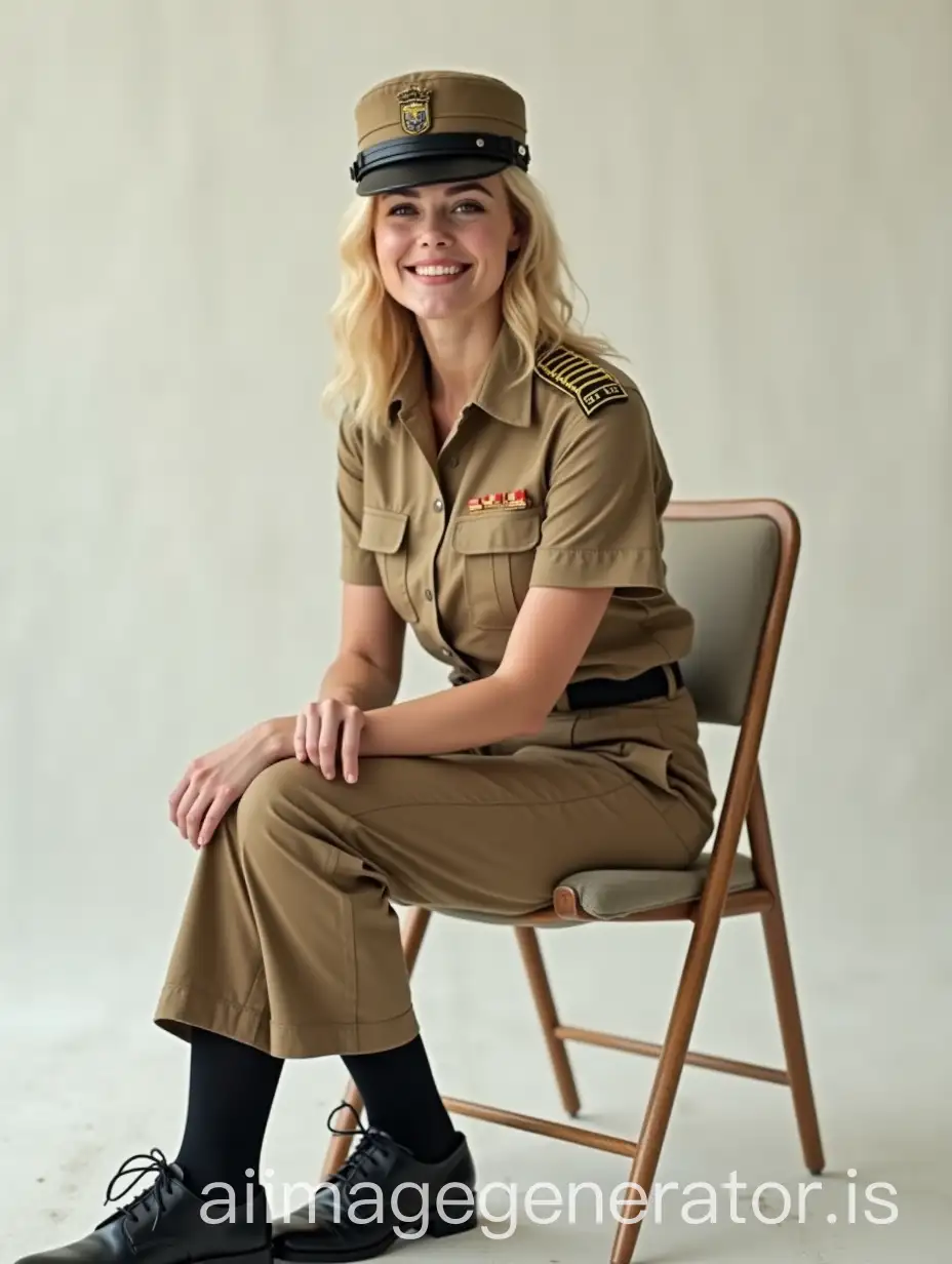 Blonde-Female-Movie-Actress-in-US-Army-Sergeant-Uniform-Sitting