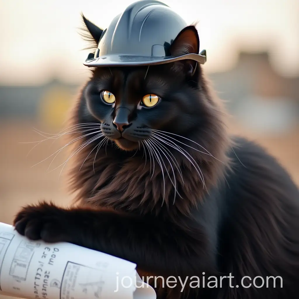 LongHaired-Black-Cat-with-Helmet-and-Plans-on-Construction-Site