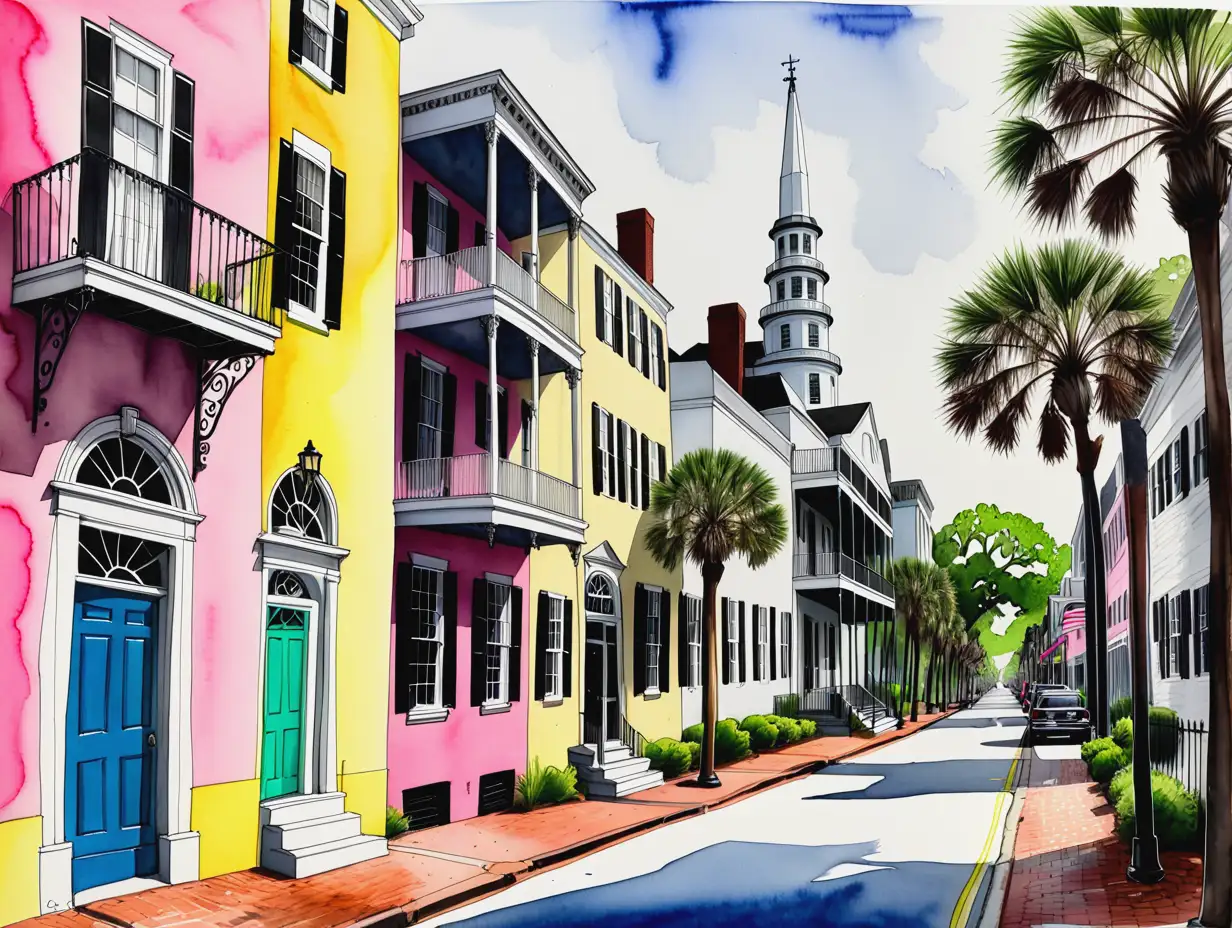 Colorful-Charleston-Street-in-Pen-and-Ink-Watercolor-Style