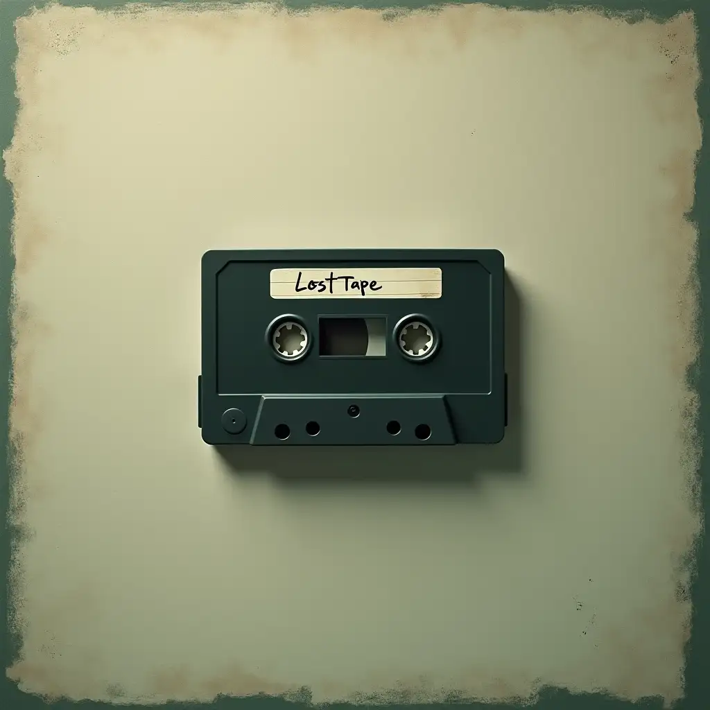 Minimalist album cover. A single black cassette tape centered on a textured background — soft grunge or paper, with light fading and wear. Subtle lighting and shadows. The tape has a handwritten label: 'Lost Tape'. Colors are neutral and moody — grey, tan, deep green. Clean layout, ambient feel with text Lost Tape Written