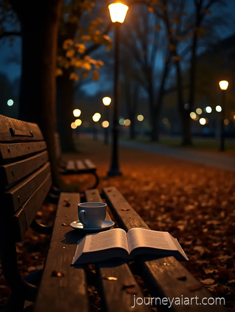 Autumn-Park-Scene-with-Empty-Bench-Open-Book-Coffee-Cup-and-Starry-Sky