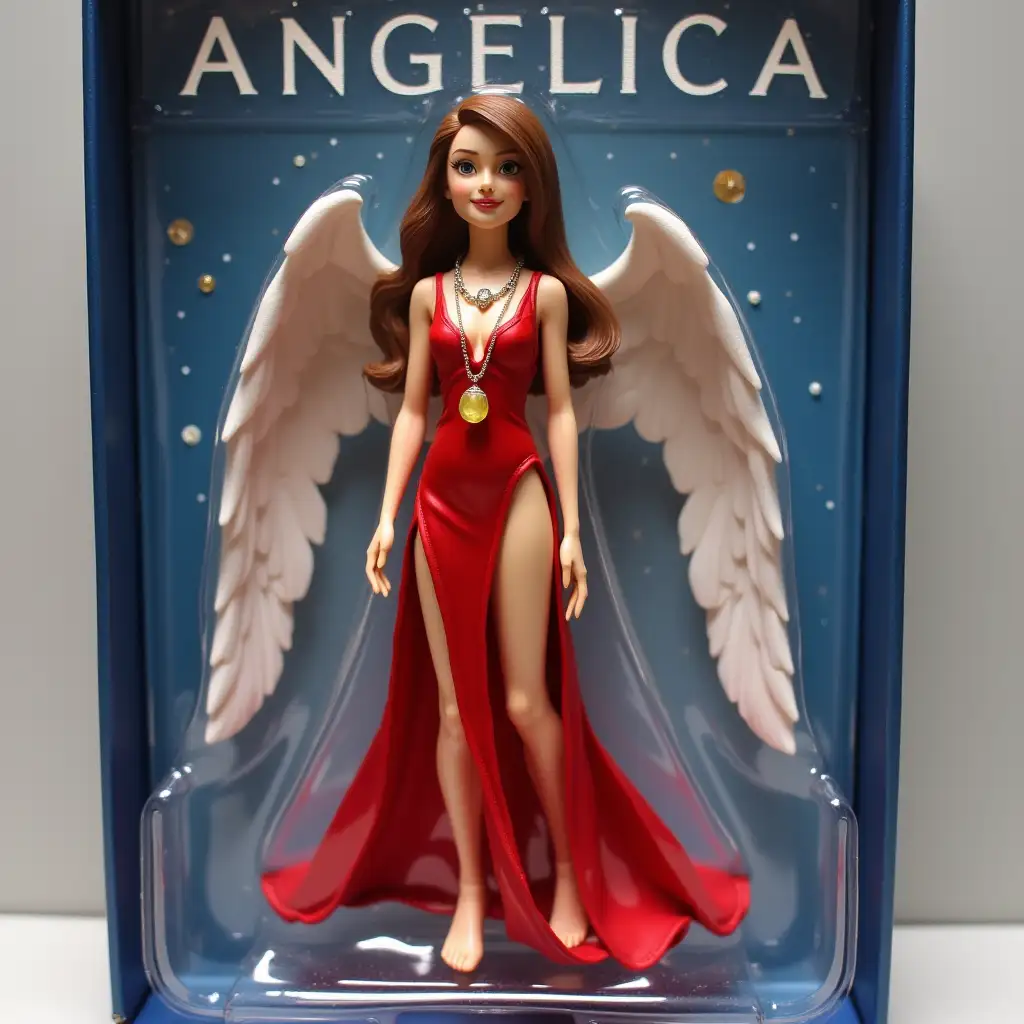 Use this my photograph, to create your own figurine in blister packaging, in the style of a premium class collectible toy. The figure should be standing and casually, friendly smiling in red dress with slit on leg, at neck hangs pendant from yellow stone . On blister packaging should be header text ANGELICA , written in large letters. Packaging color is starry sky