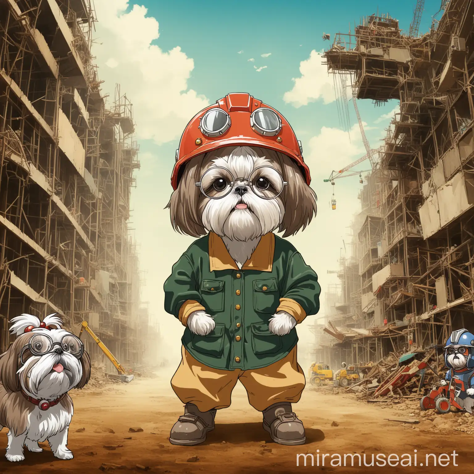 Female Shih Tzu Construction Worker with Round Glasses and Helmet Studio Ghibli Style