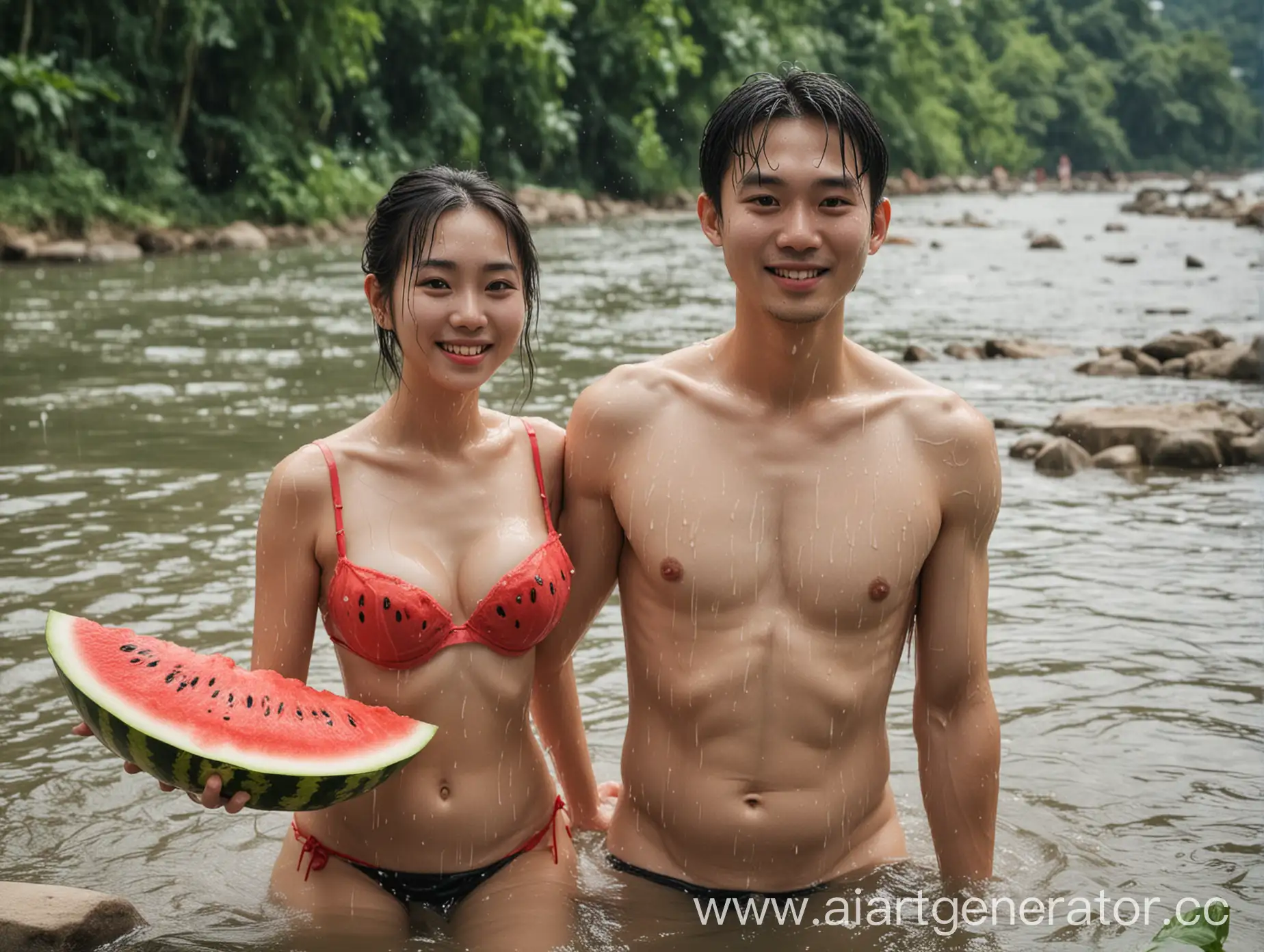 Family-Bathing-in-River-with-Watermelon-Fun