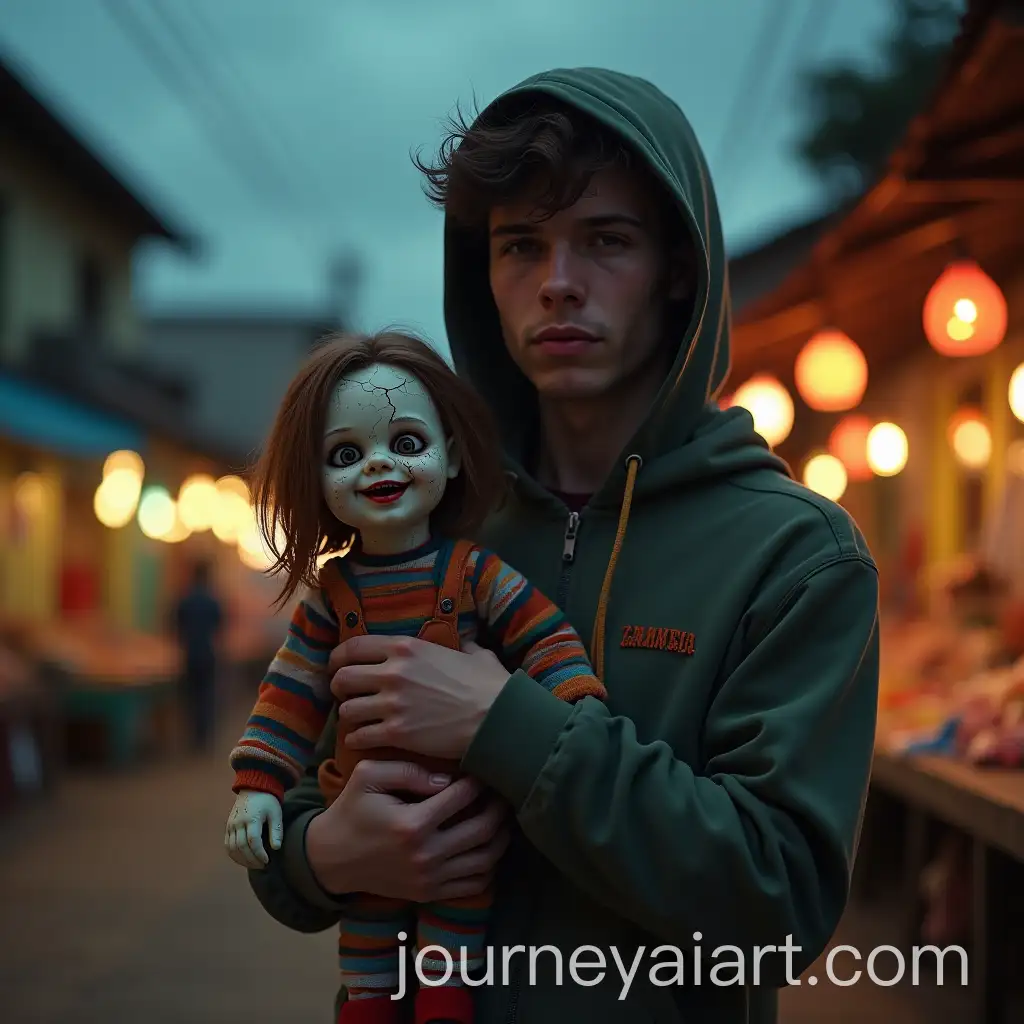 AI-Image-Prompt-ExpansionYoung-Man-Holding-Creepy-Vintage-Doll-at-Grungy-Brazilian-Street-Market-at-Dusk