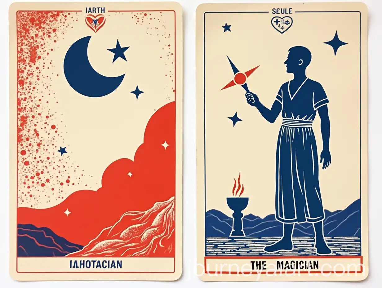 Minimalistic-Tarot-Card-of-The-Magician-in-Risograph-Style-with-Red-Blue-and-White-Colors