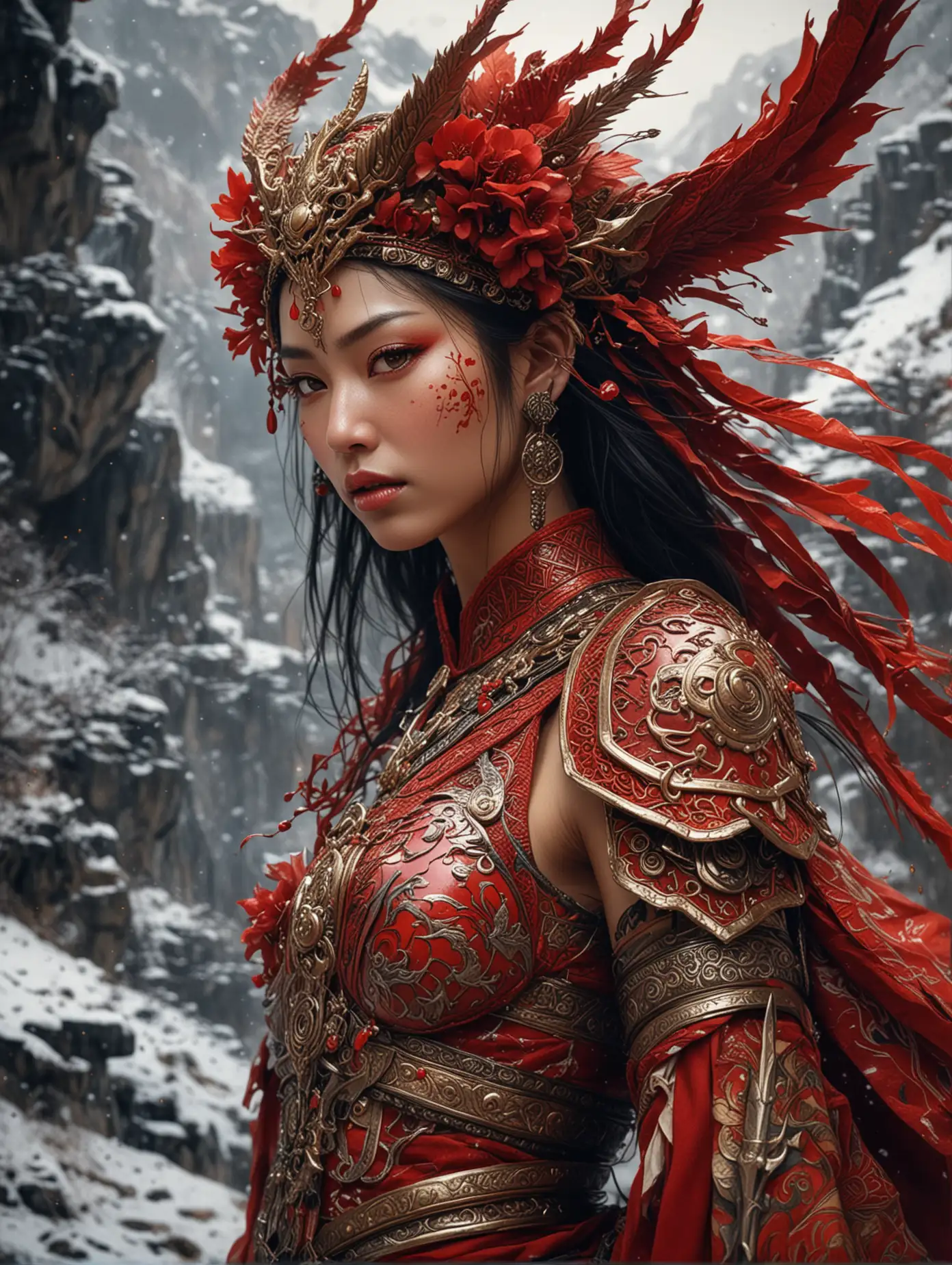 Whimsical-Warrior-Woman-in-Dragon-Skin-Armor-on-Snowy-Hilltop