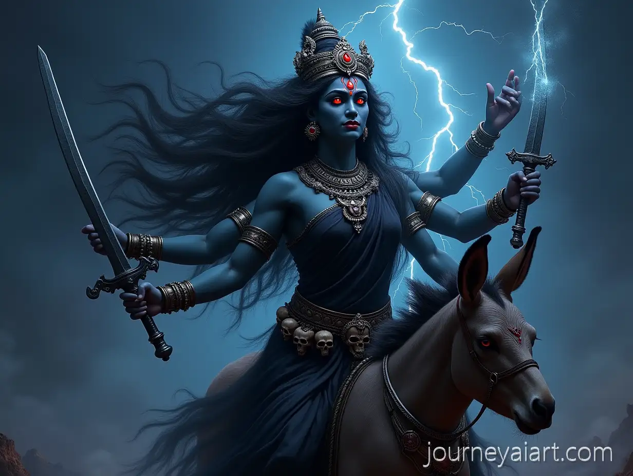 Fierce-Dark-Goddess-Kalaratri-Riding-Donkey-with-LightningDark-goddess-Kalaratri-and-Thunderbolt