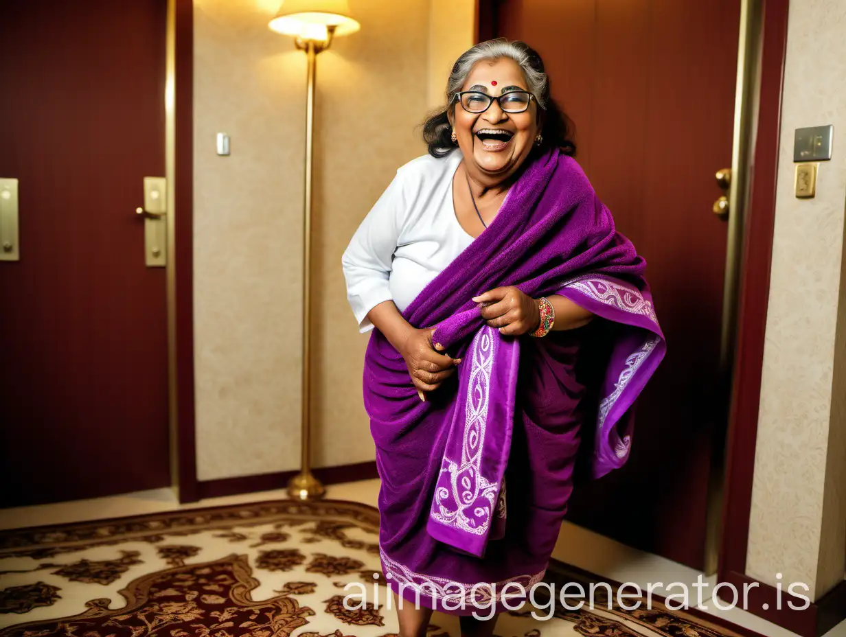 Elderly-Bangladeshi-Muslim-Woman-Laughing-Joyfully-in-Luxurious-Hotel